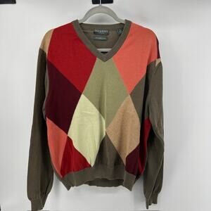 Lyle and Scott Argyle V Neck Cotton Knit Sweater Men L Olive Green PreppyGrandpa